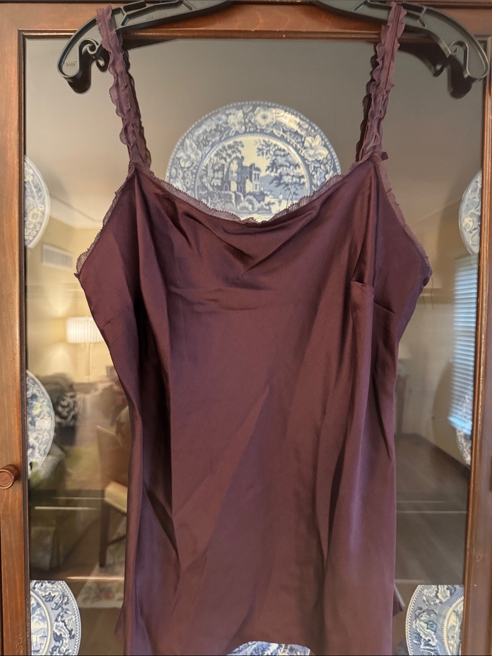 Ellen Tracy Plum Satin Camisole with Ruffled Straps